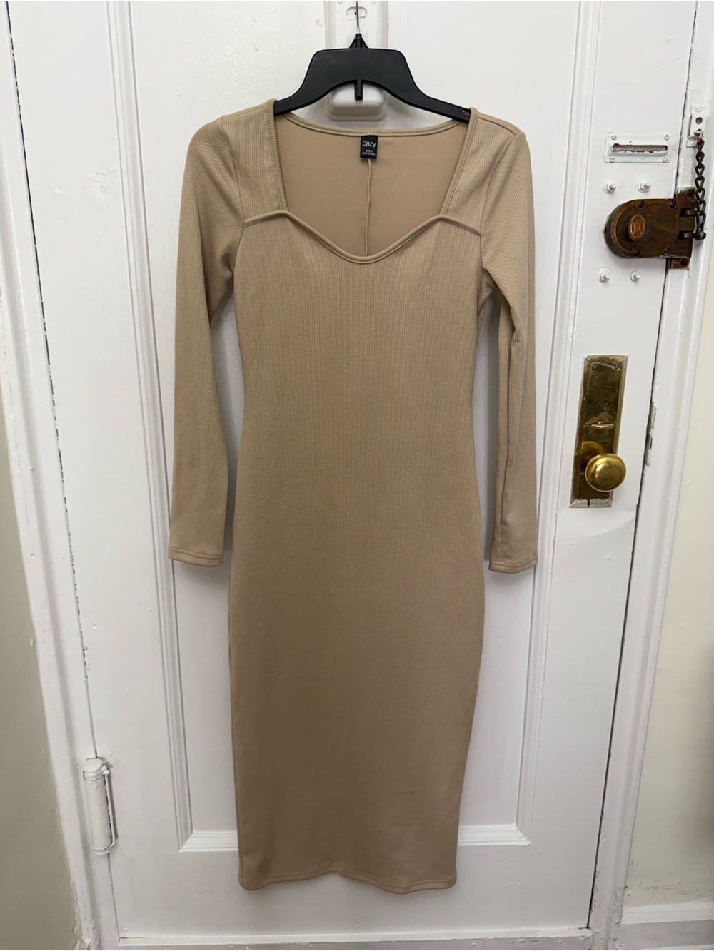 Dazy Beige Long Sleeve Ribbed Bodycon Midi Dress Size Small New